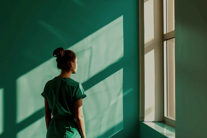 A woman in green scrubs looking out of a sunlit window