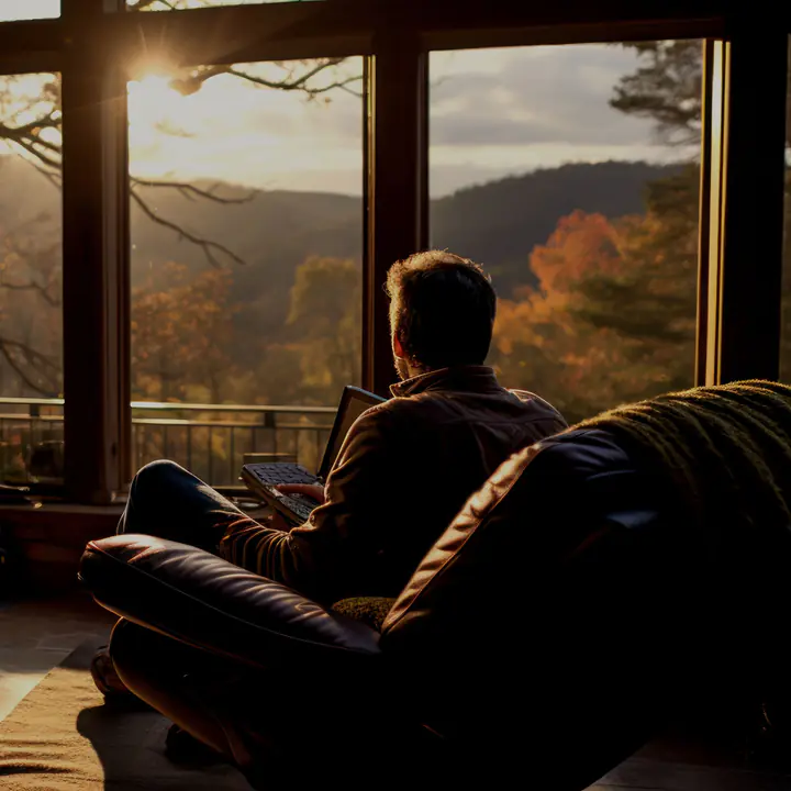 A man resting in an armchair by a large window at sunset